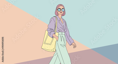 Stylish Woman in Pastel Outfit with Tote Bag Illustration.