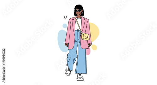 Stylish Woman in Pink Blazer and Blue Pants Illustration.
