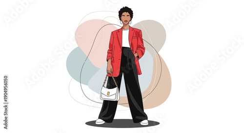 Stylish woman in red blazer and wideleg pants fashion illustration.