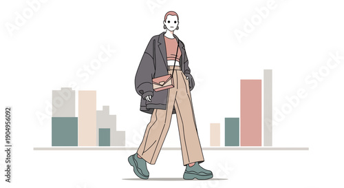 Stylish Woman Striding Confidently in Urban Fashion Illustration.