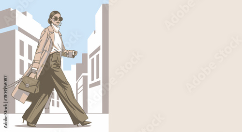 Stylish Woman Striding Confidently in WideLeg Pants and Trench Coat.