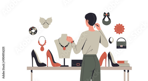 Woman admiring jewelry and accessories on a table.