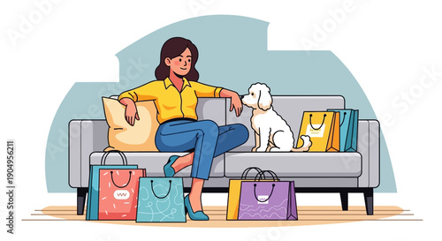 Woman and Dog Relaxing After Shopping Spree.