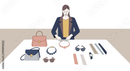 Woman Arranging Accessories on Table Fashion and Style.