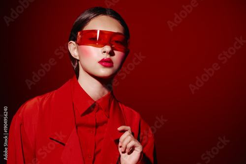 Fotografie Stylish woman in bold red fashion outfit poses against a red background wearing futuristic tinted sunglasses