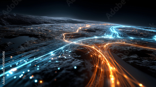 Abstract digital landscape showing glowing blue and orange pathways over textured terrain, network connectivity data flow, information systems in futuristic virtual environment,