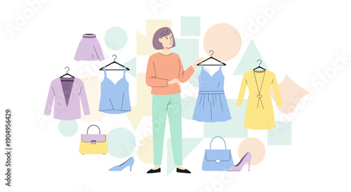 Woman choosing outfit from wardrobe surrounded by clothes and accessories.