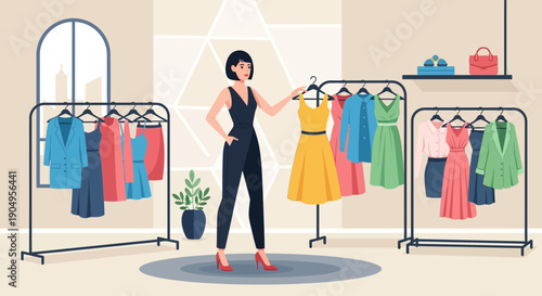 Woman Choosing Outfit in Fashion Boutique with Clothing Racks.