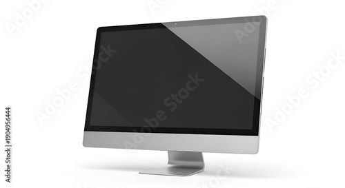 Modern Computer Monitor Displaying Black Screen on White Background with Silver Stand and Minimalist Design