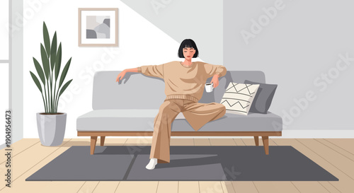 Woman in loungewear exercising at home near sofa.