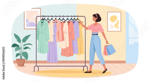 Woman Shopping for Clothes at Clothing Rack in Store.