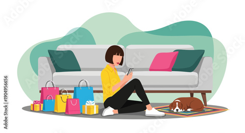 Woman shopping online with dog and shopping bags at home.