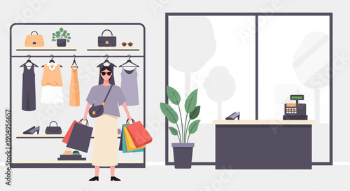 Woman shopping in a clothing store with shopping bags.