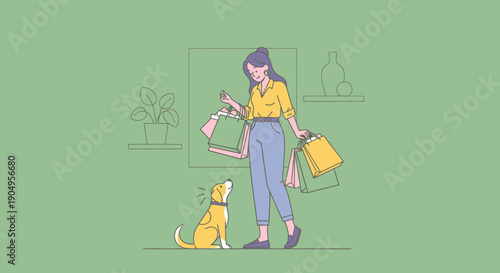 Woman Shopping with Dog Illustration.