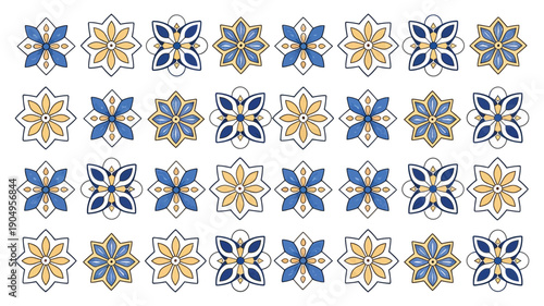 Mediterranean Pattern Big Set with Blue and Yellow Floral Mosaic Designs Featuring Spanish, Portuguese, Sicilian, and Italian Motifs on White Background, Geometric Ethnic Ornaments for Ceramic Use