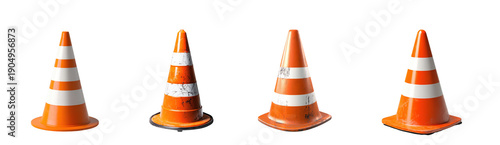 Set of four orange traffic cones, some weathered, isolated on white background isolated on transparent background
