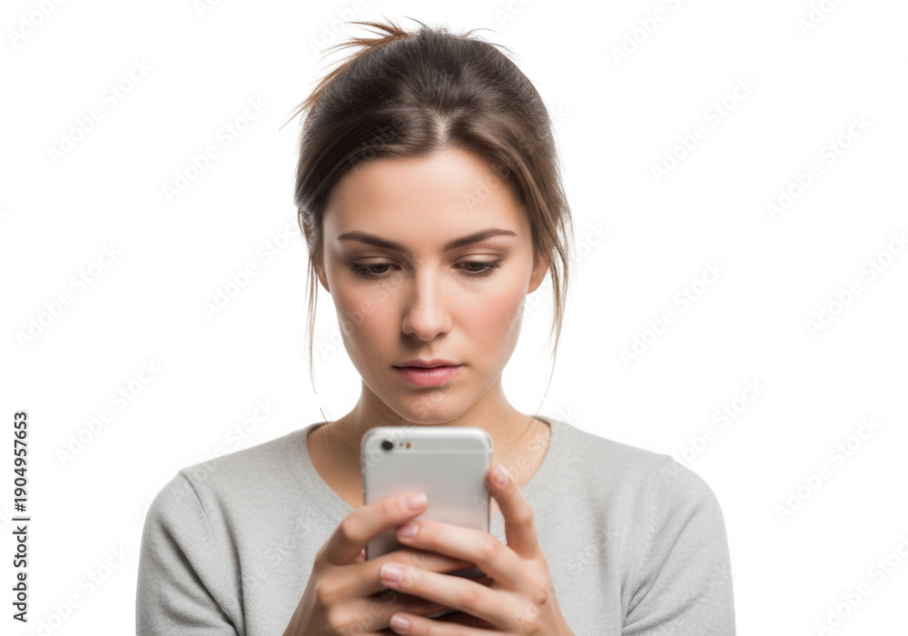 Fototapeta premium Young woman looking at her smartphone with a concerned expression, isolated on white background