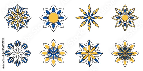 Mediterranean Pattern Vector Set with Blue and Yellow Floral Mosaic Design Featuring Traditional Spanish, Portuguese, Sicilian, and Italian Motifs on White Background, Geometric Ethnic Ornament