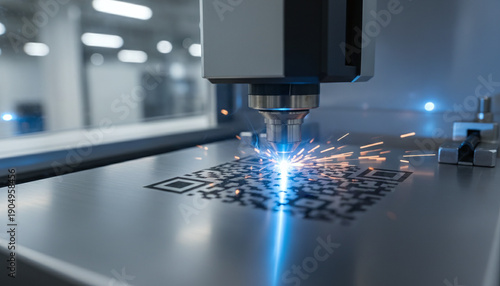 Fiber laser engraving machine marking QR code on steel surface