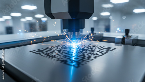 Fiber laser engraving machine marking QR code on steel surface