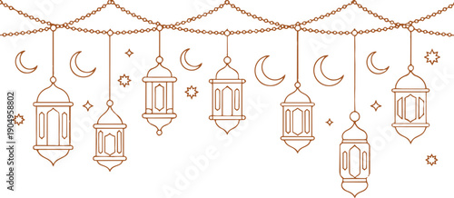 Arabic traditional Ramadan Kareem eastern lanterns garland. Muslim ornamental hanging golden lanterns, stars and moon vector illustration set. Islamic oriental style garland