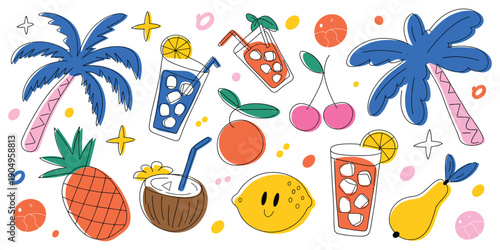 Tropical Sticker Set in Vibrant Colors Featuring Exotic Fruits, Refreshing Drinks, and Palm Trees with Lush Leaves in Playful Doodle Style for Summer Mood, Holiday Designs, and Fun Artwork