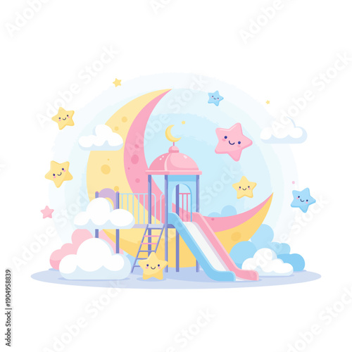 A cute, flat vector illustration of a playground slide with a crescent moon and smiling stars in the sky