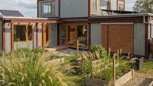 Modern sustainable home with an integrated outdoor garden featuring raised beds and contemporary architecture.