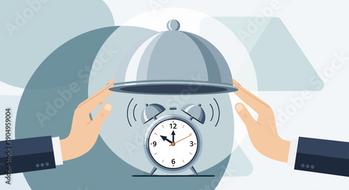 Conceptual Illustration of Time Management with Alarm Clock and Serving Dome.