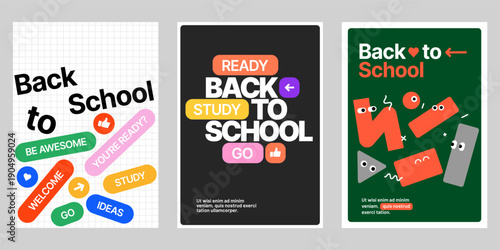Anthropomorphic Back to School Poster Set Modular Sticker and Speech Bubble Design for Academic Readiness and Education Campaigns