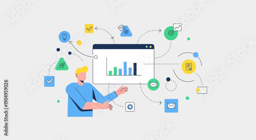 Data Analysis Presentation Man Explaining Bar Graph on Screen with Icons.