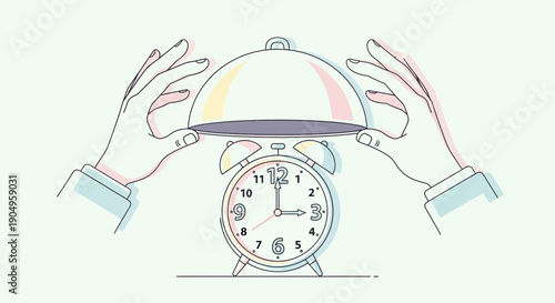 Conceptual illustration of timely meal service with hands lifting a cloche from an alarm clock.