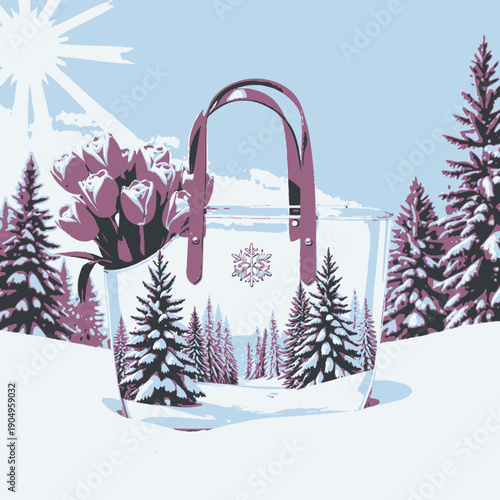 Transparent Handbag Adorned with Pink Tulips and Winter Landscape Design on a Snowy Day with Bright Sunshine and Snow-Covered Pine Trees