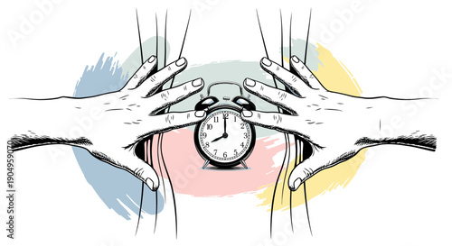 Hands opening curtains to reveal an alarm clock.