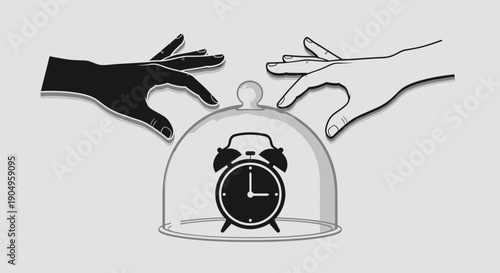 Hands reaching for an alarm clock under a glass dome.