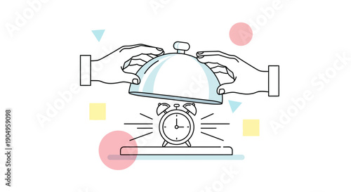 Hands revealing an alarm clock under a serving platter.