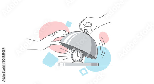 Hands Revealing Alarm Clock Under Cloche Cover.