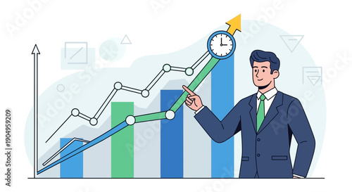 Man Presenting Business Growth Chart with Clock Icon and Arrow.
