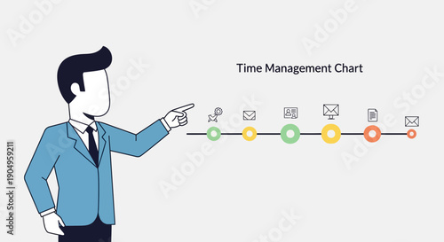 Man Presenting Time Management Chart with Timeline and Icons.