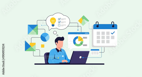 Man Working on Laptop with Planning and Scheduling Icons Task Management Illustration.