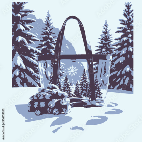 Transparent Tote Bag with Winter Wonderland Scene of Snow-Covered Evergreen Trees and Pink Tulip Bouquet Resting on Snowy Ground