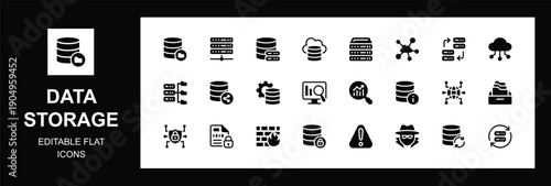 Data storage flat icon set. Including cloud computing, encrypted data, hosting, cloud storage, server racks, and monitoring. Perfect for IT dashboards, apps, websites, and cybersecurity platforms.	