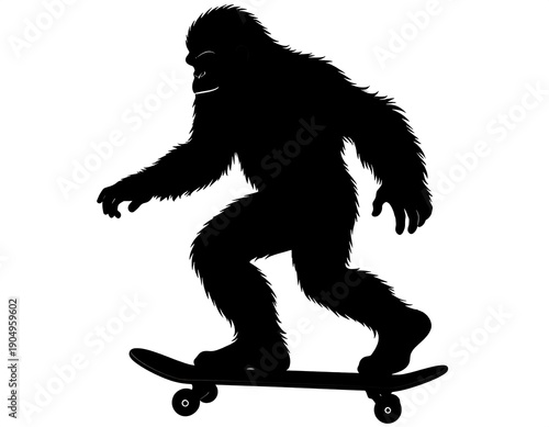 Silhouette of furry ape riding skateboard, facing left, isolated on a white background