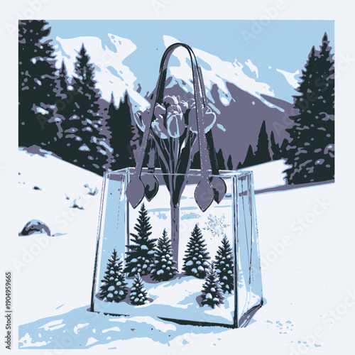 A Transparent Handbag Imagined in a Pristine Snow-Covered Mountain Landscape with Pink Tulips and Miniature Evergreen Trees Within