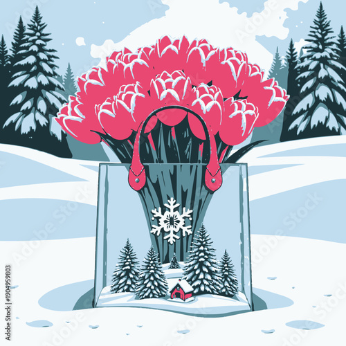 Vibrant Bouquet of Pink Tulips in a Transparent Bag Amidst a Snowy Winter Wonderland with Snowflake Accent and Pine Trees