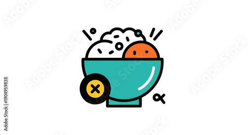 Cartoon bowl of rice and food isolated