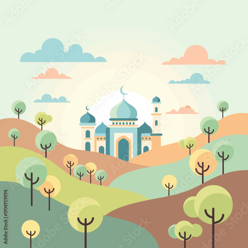 Cute flat vector illustration of a mosque situated in a serene landscape with rolling hills and stylized trees under a pastel sky