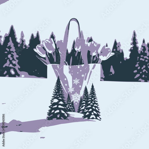 A Festive Winter Tote Bag Filled with Vibrant Pink Tulips Amidst a Snowy Landscape and Evergreen Trees Creating a Unique Contrast