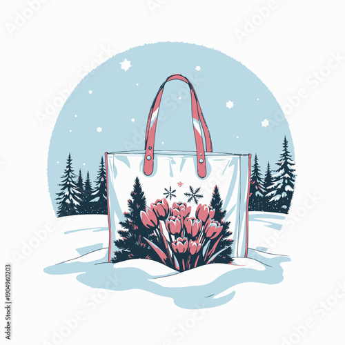 A stylish tote bag adorned with pink tulip and pine tree artwork, set against a snowy winter landscape with spruce trees surrounding the serene scene