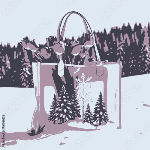 Vibrant pink tulips elegantly arranged in a stylish handbag against a serene snowy landscape with evergreen trees, capturing the essence of winter and floral beauty.